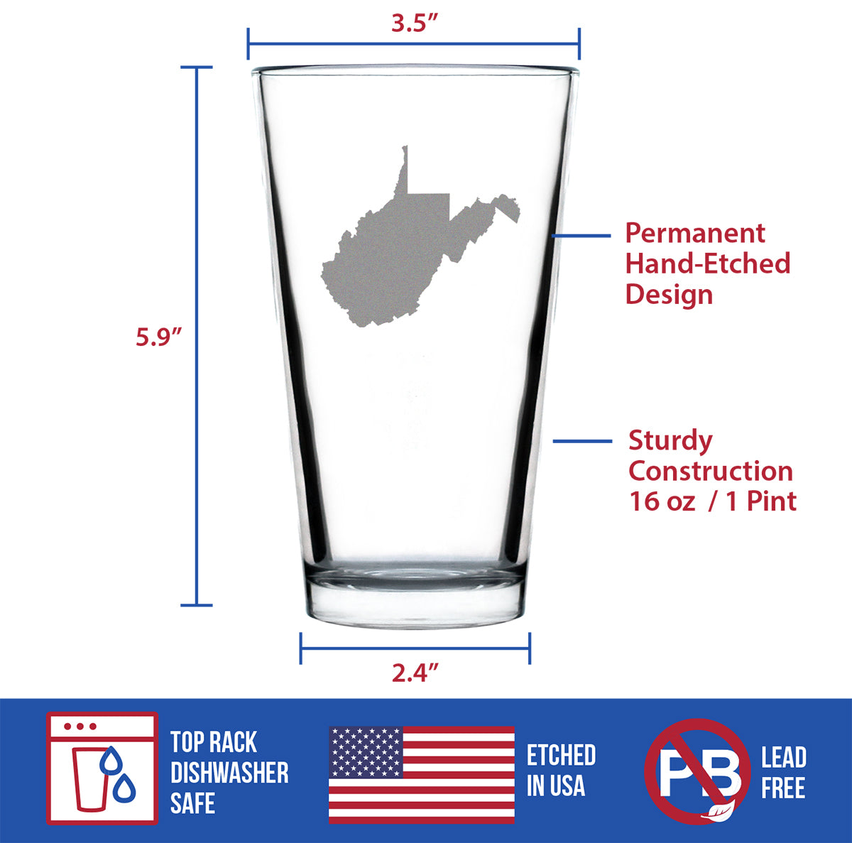 West Virginia State Outline Pint Glass for Beer - State Themed Drinking Decor and Gifts for West Virginian Women &amp; Men - 16 Oz Glasses