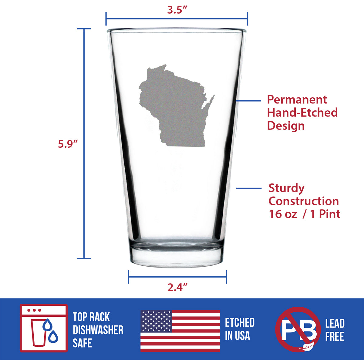 Wisconsin State Outline Pint Glass for Beer - State Themed Drinking Decor and Gifts for Wisconsinite Women & Men - 16 Oz Glasses