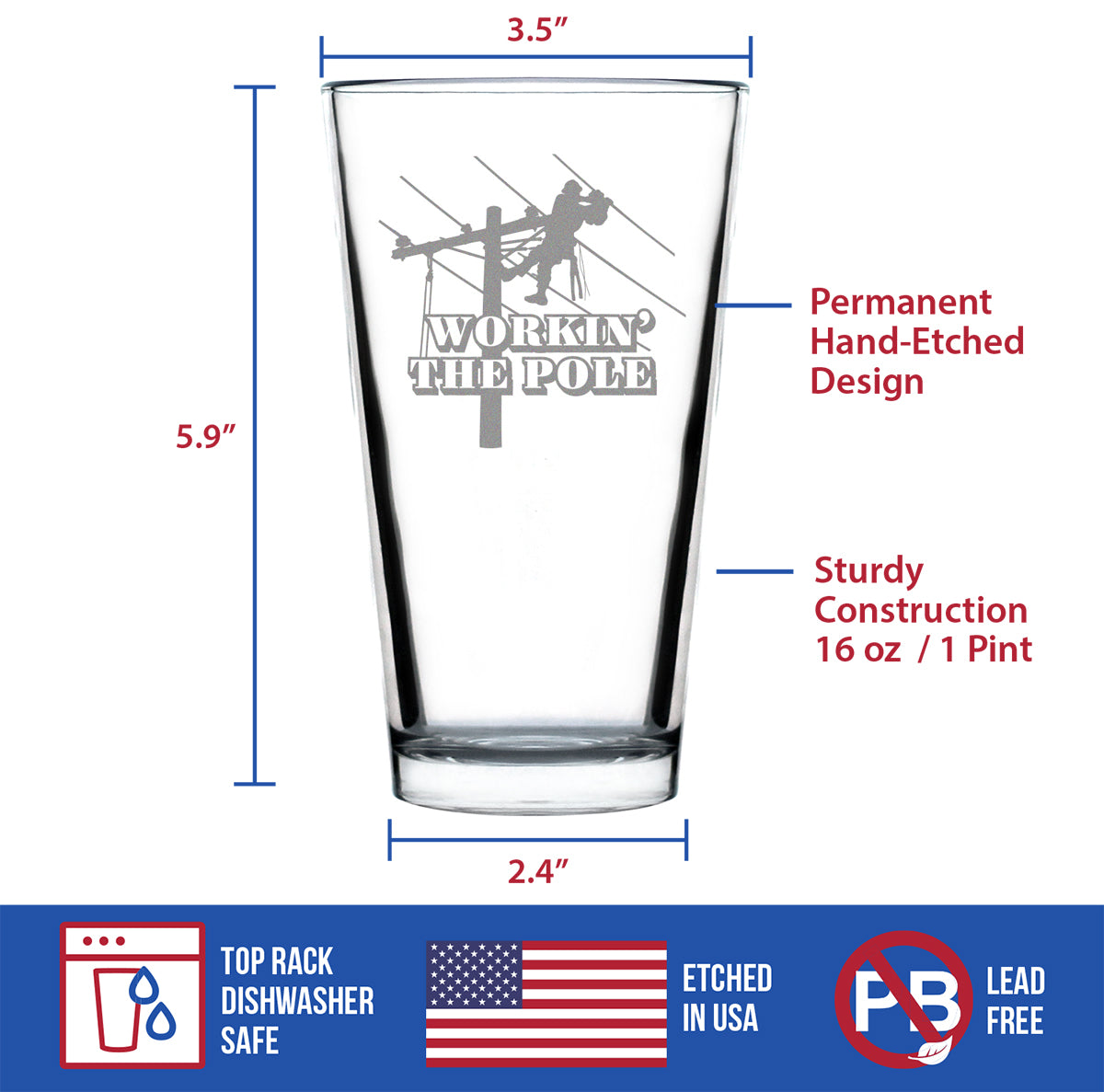 Workin&#39; the Pole Engraved Pint Glass for Beer, Funny Lineworker Themed Gifts for Men and Women in the Electrical Line Workforce  - 16 oz
