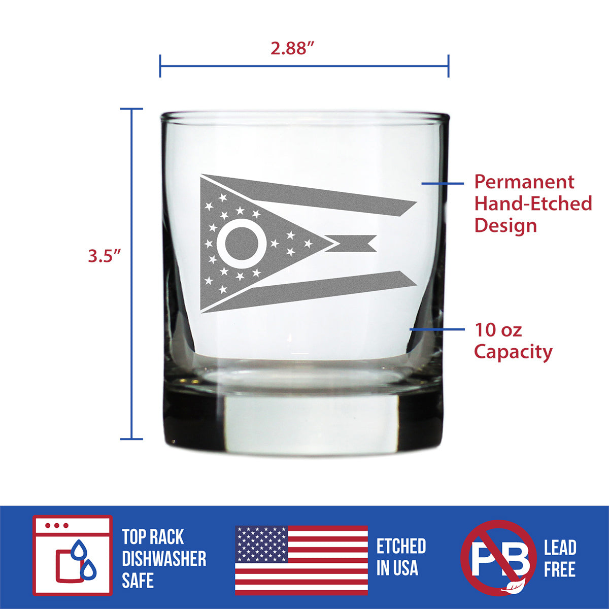 Ohio Flag Whiskey Rocks Glass - State Themed Drinking Decor and Gifts for Ohioan Women &amp; Men - 10.25 Oz Whisky Tumbler Glasses