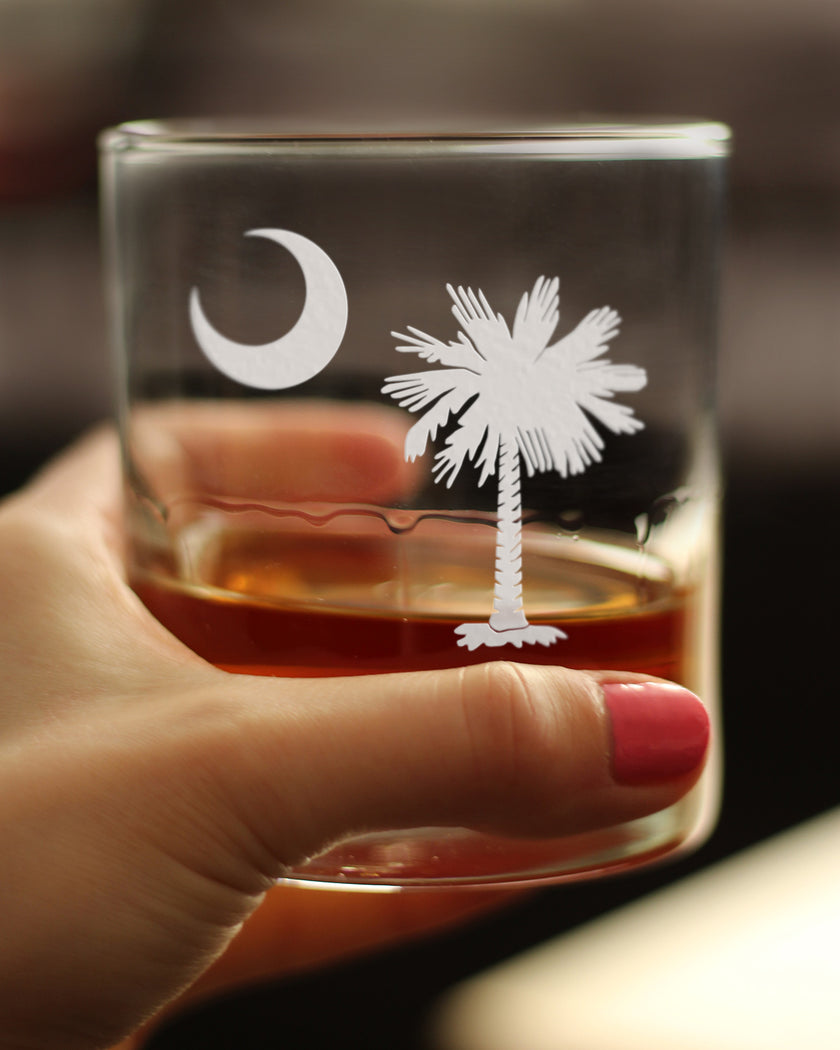 South Carolina Flag Whiskey Rocks Glass - State Themed Drinking Decor and Gifts for South Carolinian Women & Men - 10.25 Oz Whisky Tumbler Glasses