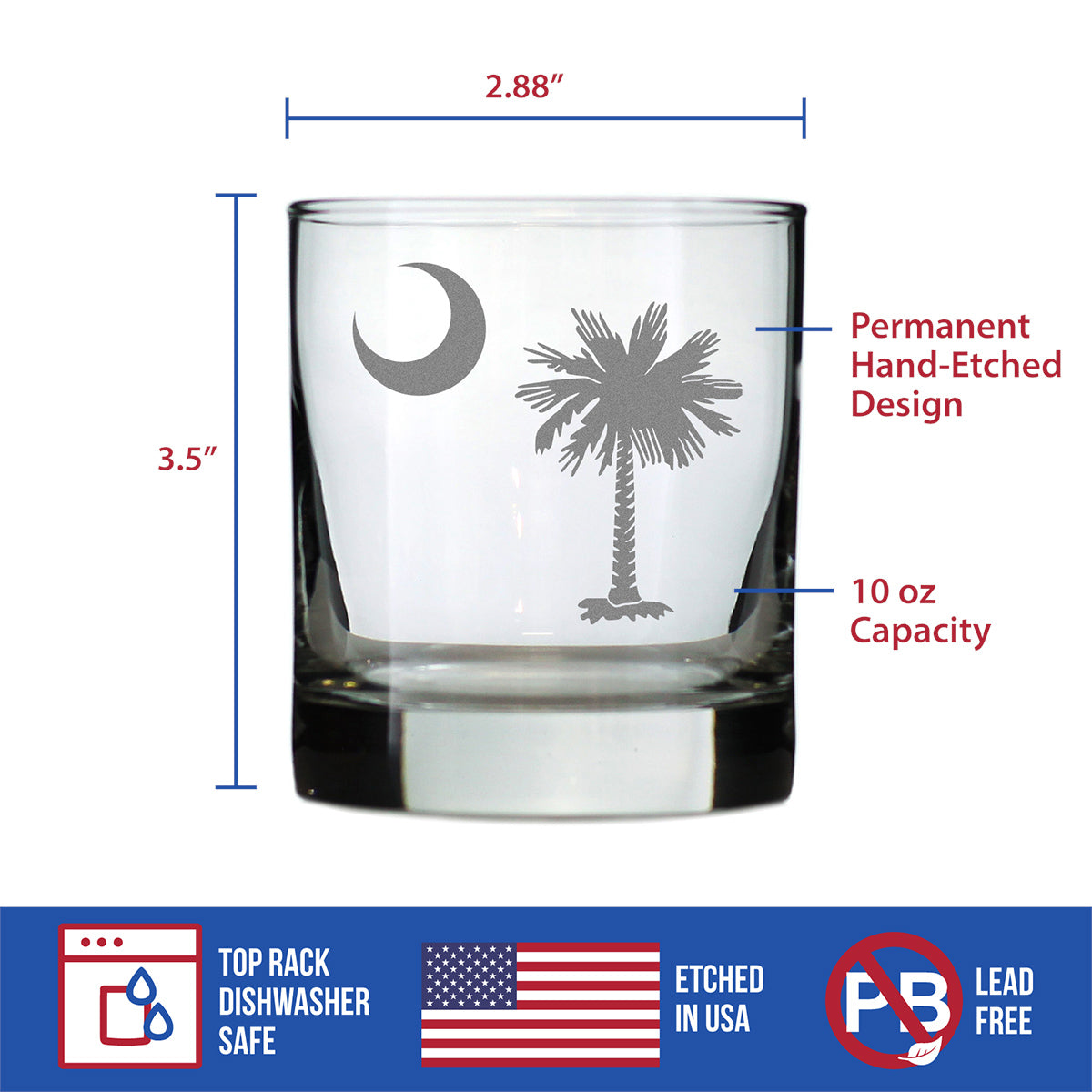 South Carolina Flag Whiskey Rocks Glass - State Themed Drinking Decor and Gifts for South Carolinian Women & Men - 10.25 Oz Whisky Tumbler Glasses
