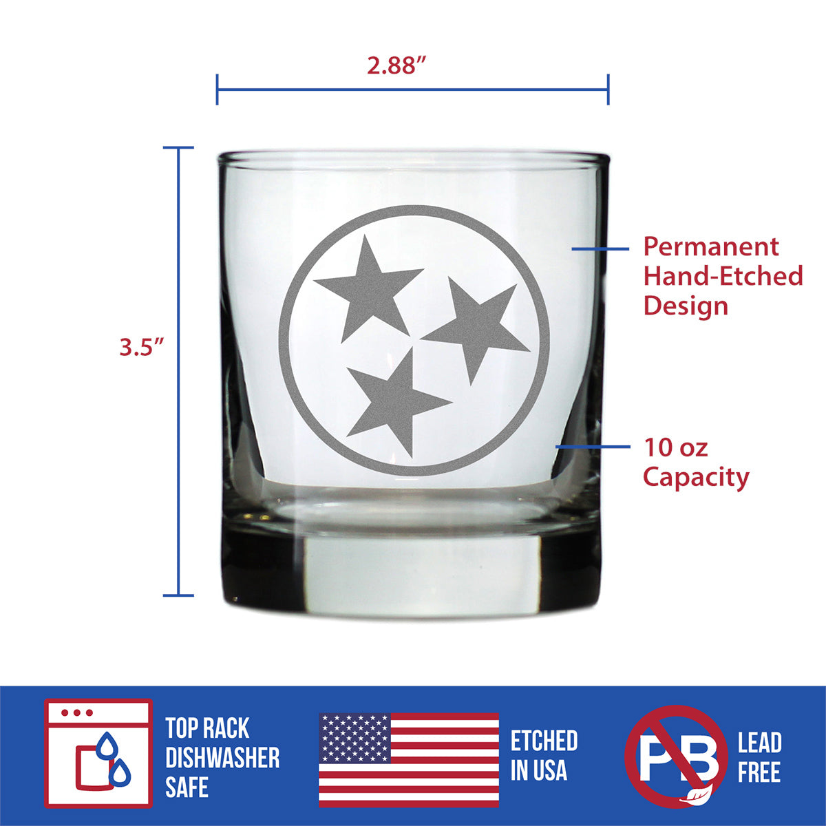 Tennessee Flag Whiskey Rocks Glass - State Themed Drinking Decor and Gifts for Tennessean Women &amp; Men - 10.25 Oz Whisky Tumbler Glasses
