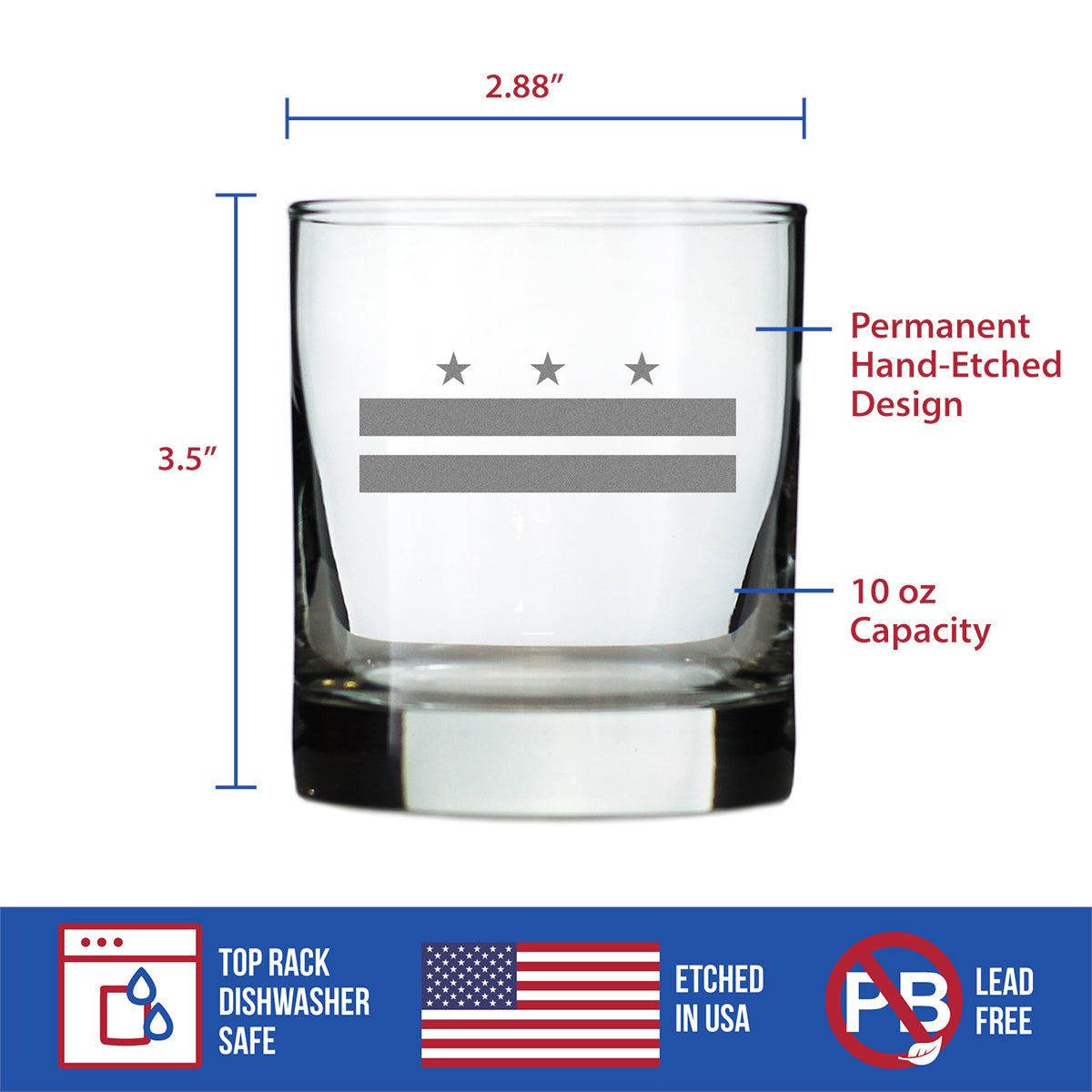 Washington DC Flag Whiskey Rocks Glass - State Themed Drinking Decor and Gifts for Washingtonian Women &amp; Men - 10.25 Oz Whisky Tumbler Glasses