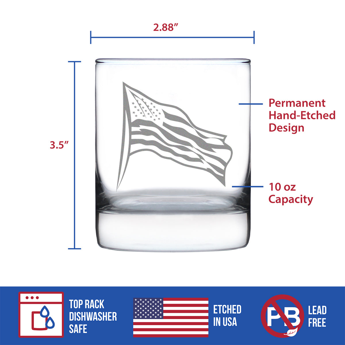 American Flag Whiskey Rocks Glass - USA Themed Drinking Decor and Gifts for Patriotic Women &amp; Men - 10.25 Oz Whisky Tumbler Glasses
