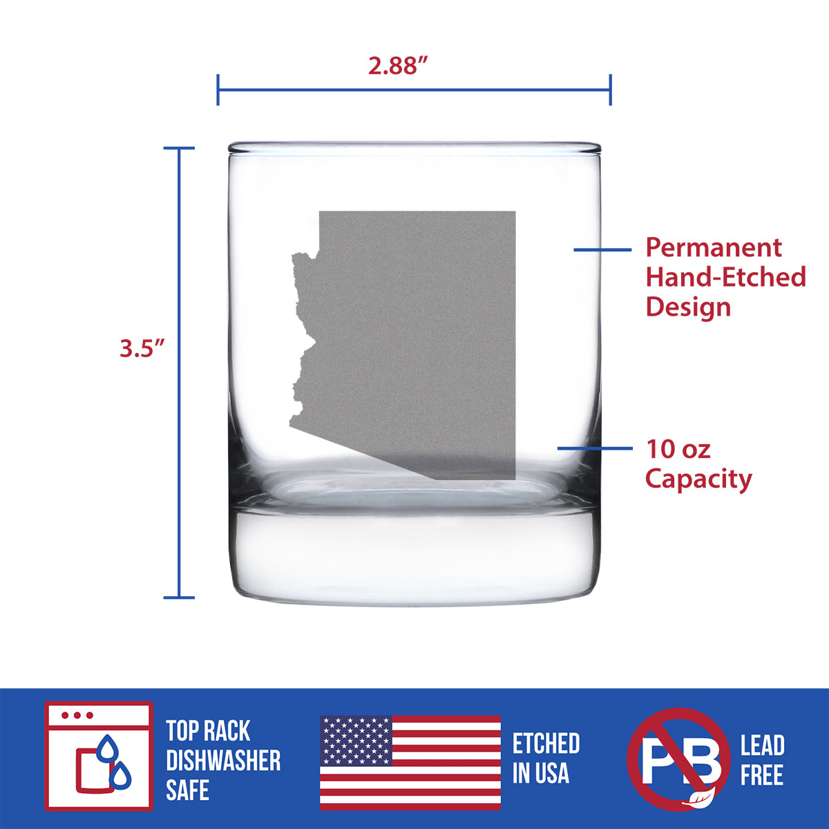 Arizona State Outline Whiskey Rocks Glass - State Themed Drinking Decor and Gifts for Arizonan Women & Men - 10.25 Oz Whisky Tumbler Glasses