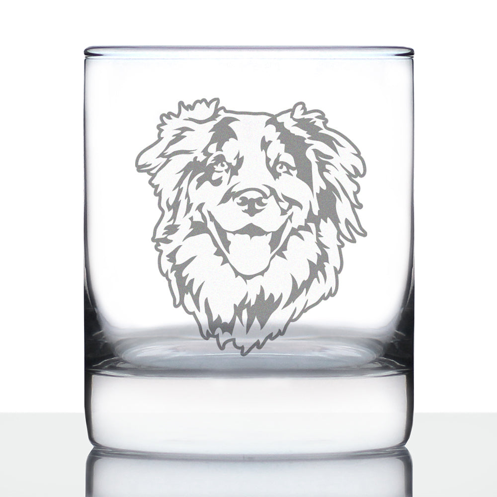 Australian Shepherd Face Whiskey Rocks Glass - Unique Dog Themed Decor and Gifts for Moms & Dads of Aussies - 10.25 Oz