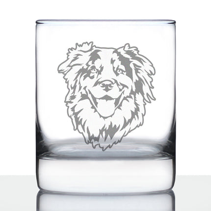 Australian Shepherd Face Whiskey Rocks Glass - Unique Dog Themed Decor and Gifts for Moms & Dads of Aussies - 10.25 Oz