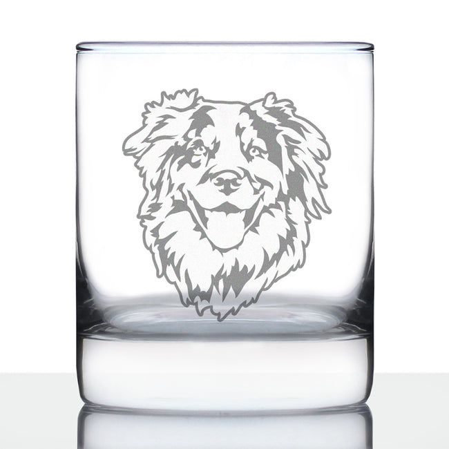 Australian Shepherd Face Whiskey Rocks Glass - Unique Dog Themed Decor and Gifts for Moms & Dads of Aussies - 10.25 Oz