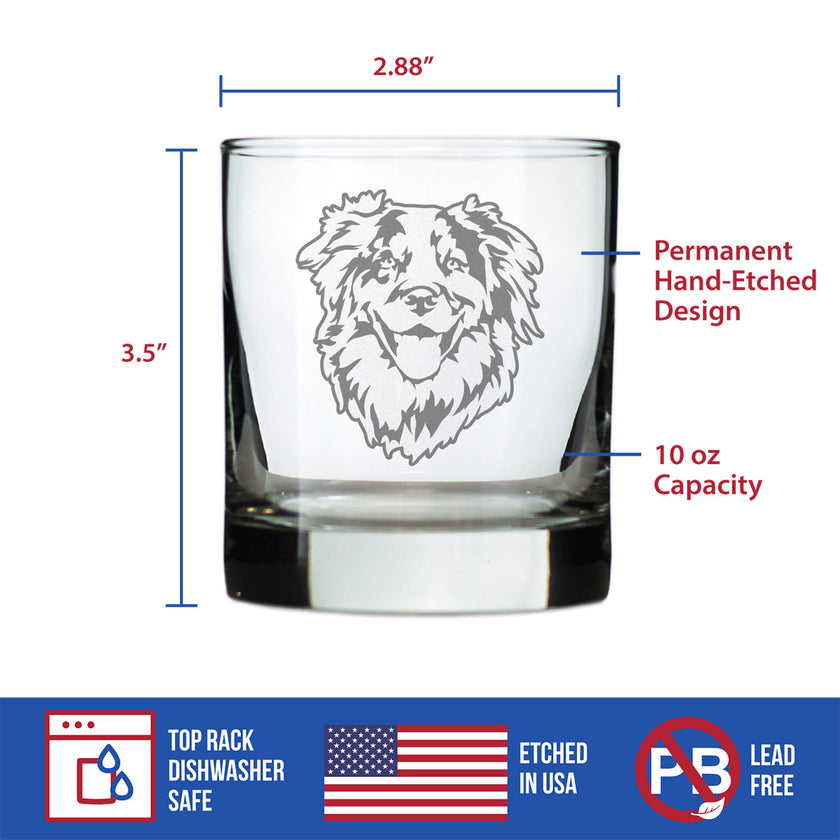 Australian Shepherd Face Whiskey Rocks Glass - Unique Dog Themed Decor and Gifts for Moms & Dads of Aussies - 10.25 Oz