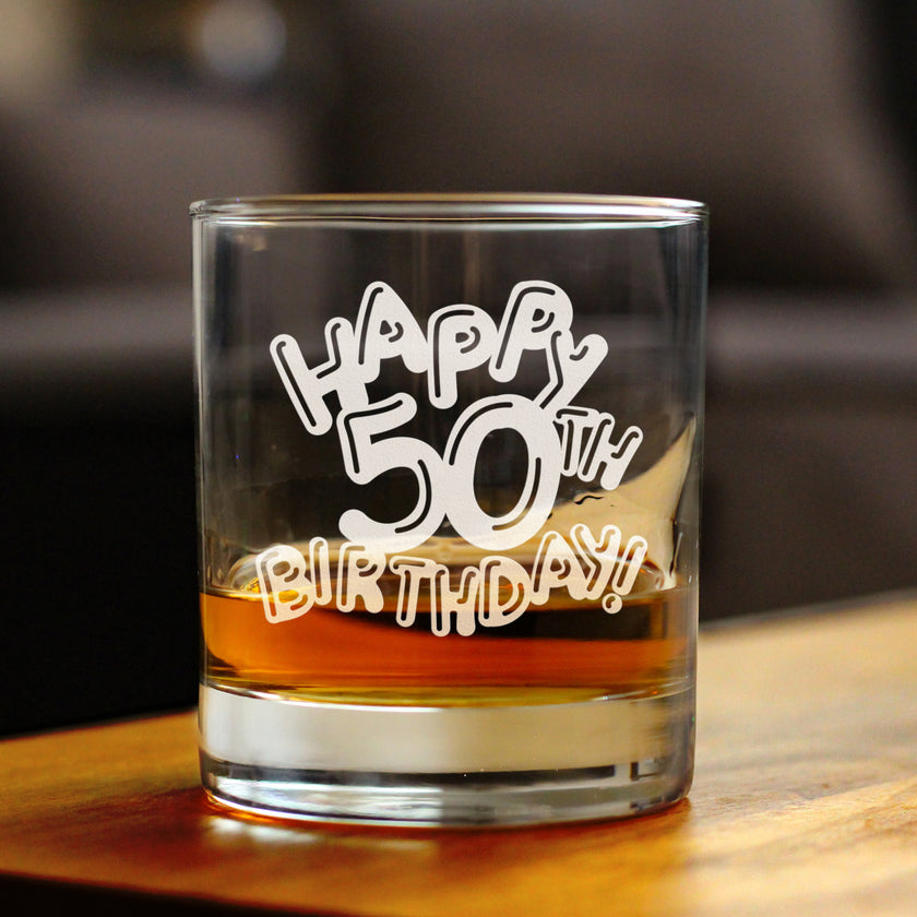 Happy 50th Birthday Balloons - Whiskey Rocks Glass Gifts for Men & Women Turning 50 - Fun Retro Bday Whisky Drinking Tumbler