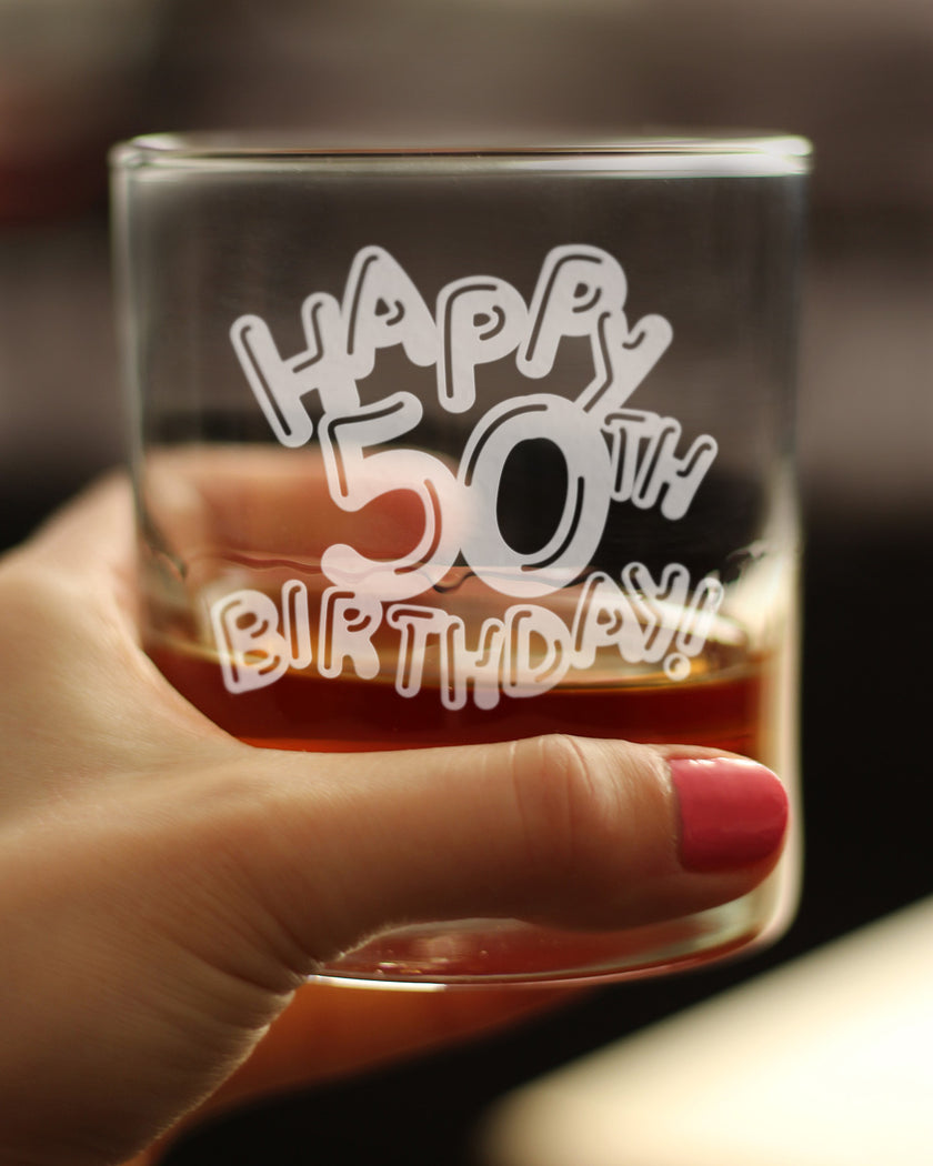 Happy 50th Birthday Balloons - Whiskey Rocks Glass Gifts for Men & Women Turning 50 - Fun Retro Bday Whisky Drinking Tumbler