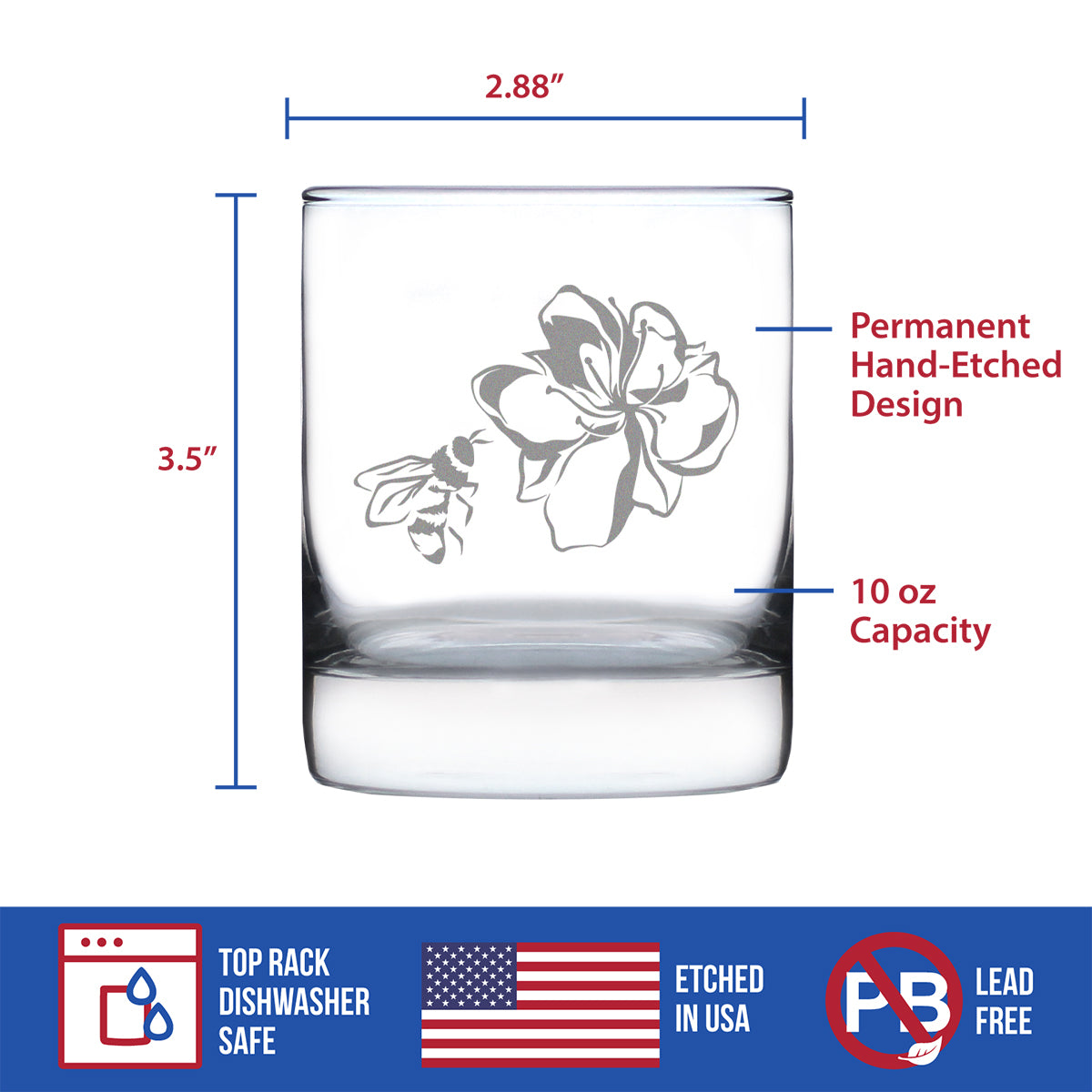 Bee Flower - Whiskey Rocks Glass - Cute Gifts for Bumblebee &amp; Nature Lovers - 10.25 Oz