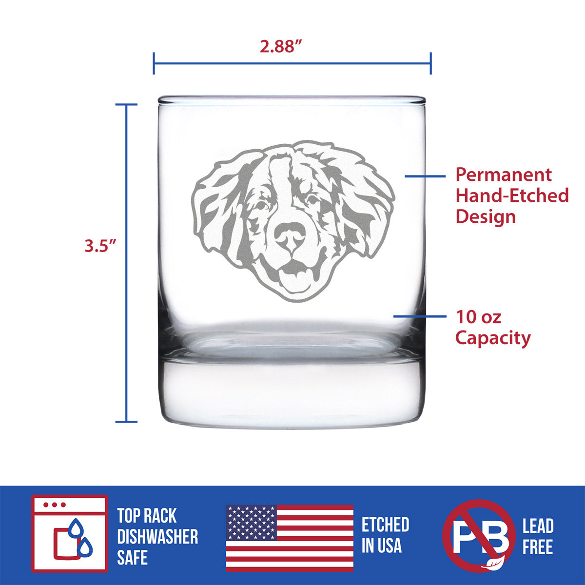 Bernese Mountain Dog Face Whiskey Rocks Glass - Unique Dog Themed Decor and Gifts for Moms &amp; Dads of Berneses - 10.25 Oz