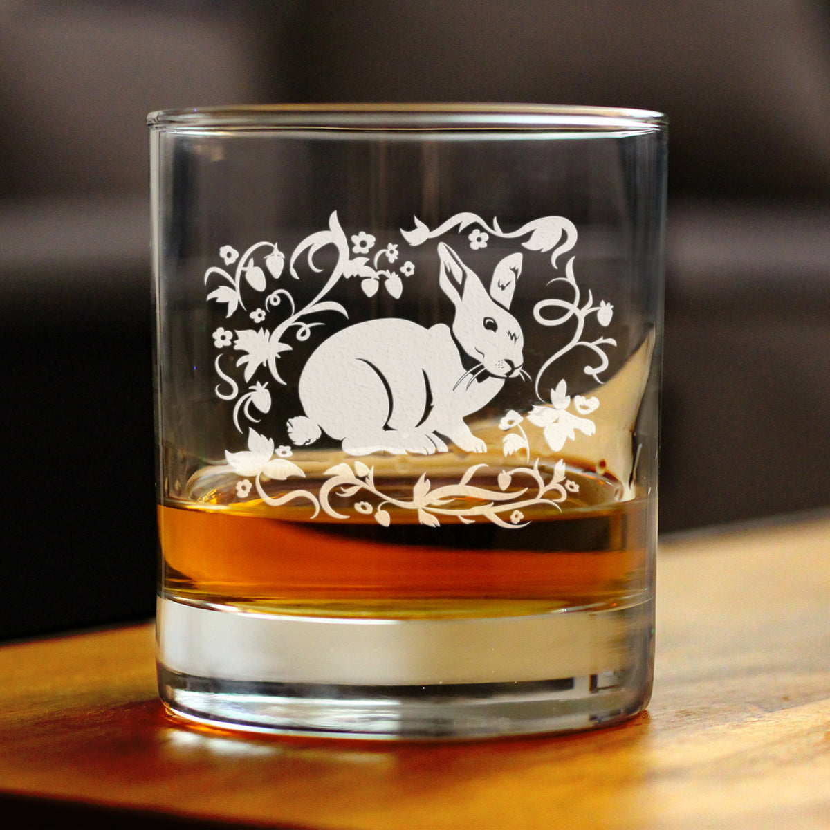 Berry Patch Bunny Rabbit - Whiskey Rocks Glass - Hand Engraved Gifts for Men &amp; Women That Love Bunnies