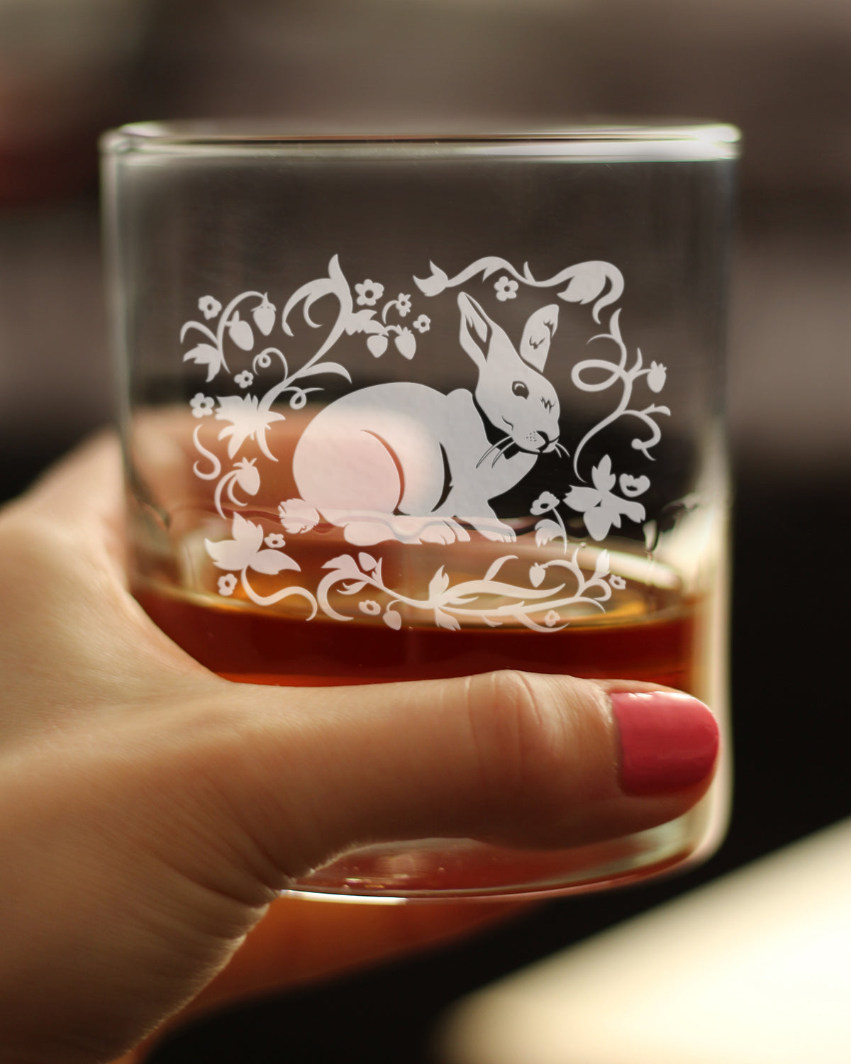 Berry Patch Bunny Rabbit - Whiskey Rocks Glass - Hand Engraved Gifts for Men &amp; Women That Love Bunnies