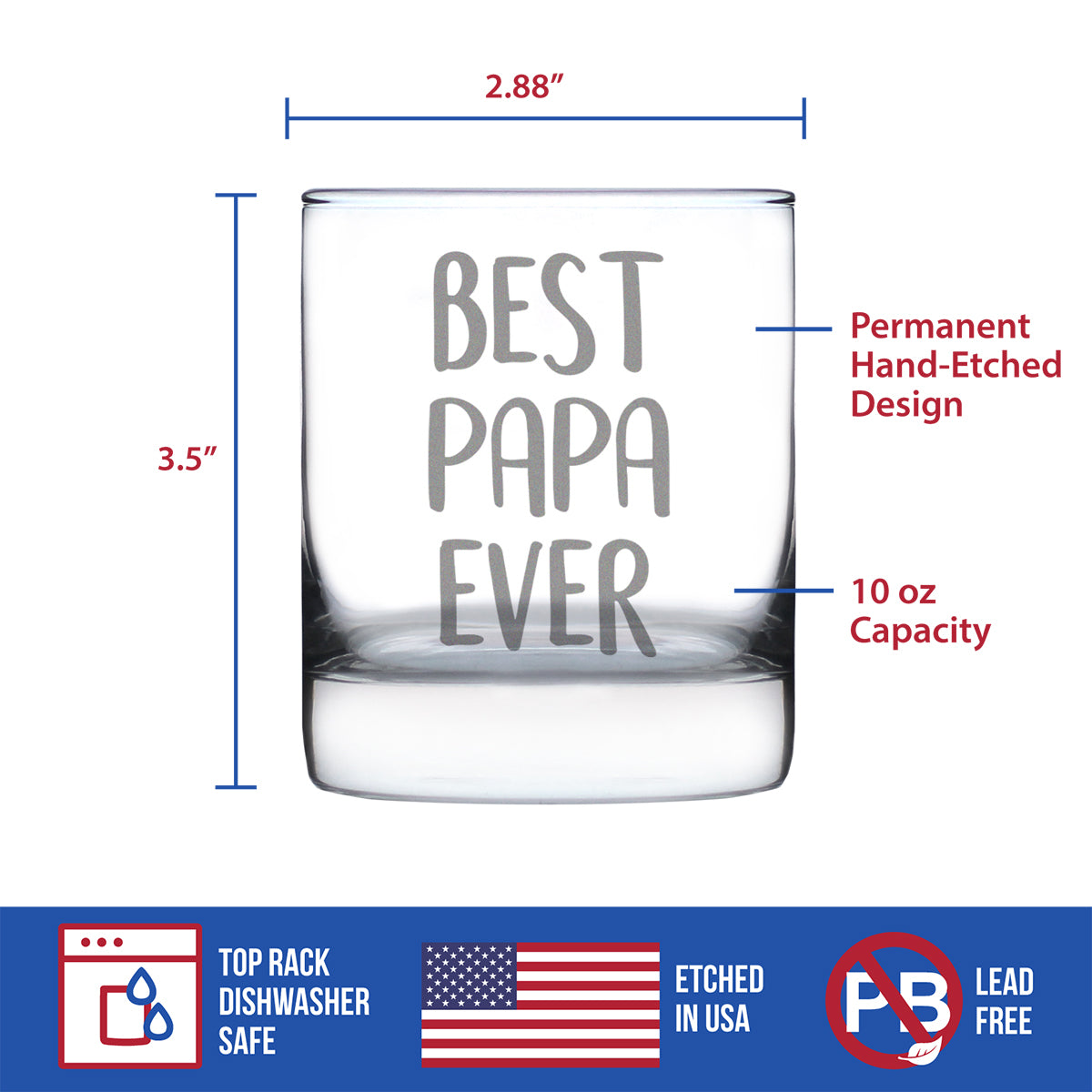 Best Papa Ever 10 oz Rocks Glass or Old Fashioned Glass, Etched Sayings, Father&#39;s Day or Birthday Gift for Grandpa