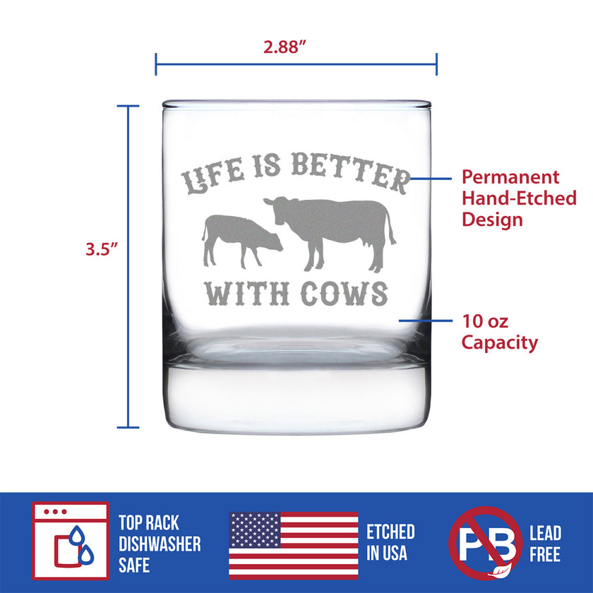 Life Is Better With Cows - Whiskey Rocks Glass Gifts - Funny Cow Gifts and Decor for Men & Women - 10.25 Oz Glasses