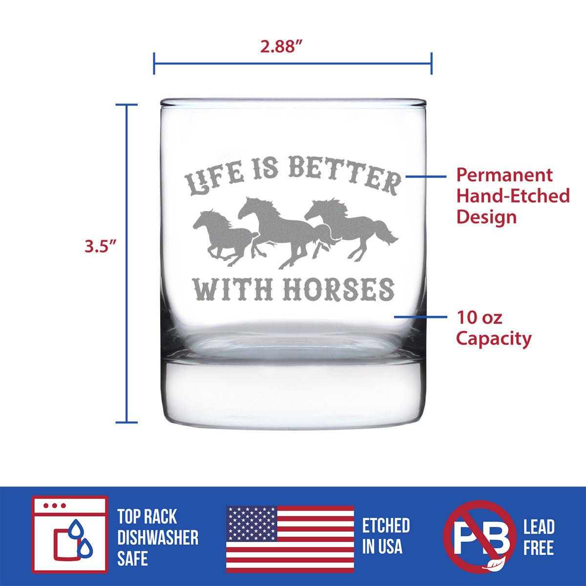 Life Is Better With Horses - Whiskey Rocks Glass Gifts - Funny Horse Gifts and Decor for Men &amp; Women - 10.25 Oz Glasses