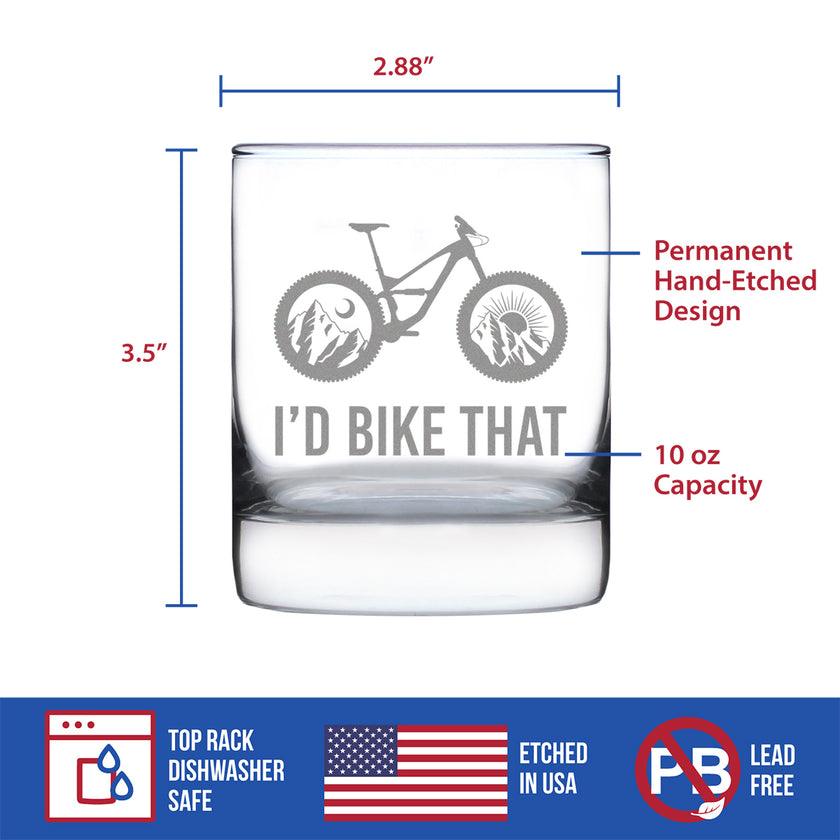 I'd Bike That - Whiskey Rocks Glass - Cool Bicycle Themed Decor and Gifts for Outdoor Lovers - 10.25 Oz Glasses