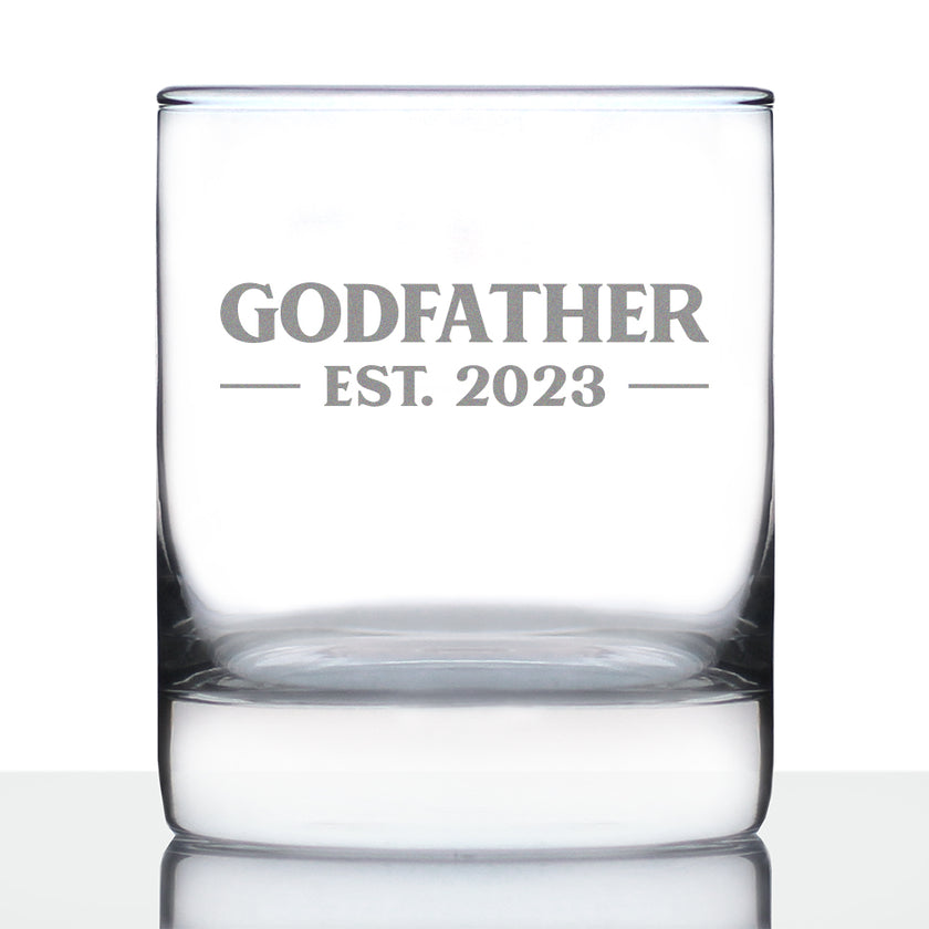 Godfather Est. 2023 - Bold - 10 oz Rocks Glass or Old Fashioned Glass, Etched Sayings, Father's Day Gift, Fun Baby Reveal for Godparents