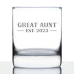 Great Aunt Est. 2023 - Bold - 10 oz Rocks Glass or Old Fashioned Glass, Etched Sayings, Gift & Baby Reveal