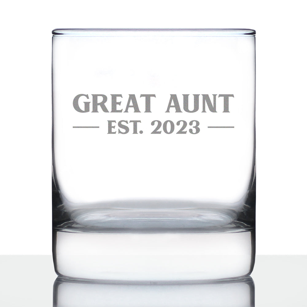 Great Aunt Est. 2023 - Bold - 10 oz Rocks Glass or Old Fashioned Glass, Etched Sayings, Gift &amp; Baby Reveal