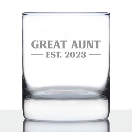 Great Aunt Est. 2023 - Bold - 10 oz Rocks Glass or Old Fashioned Glass, Etched Sayings, Gift & Baby Reveal