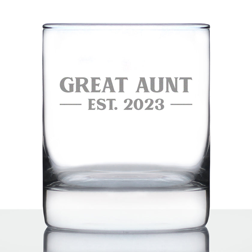 Great Aunt Est. 2023 - Bold - 10 oz Rocks Glass or Old Fashioned Glass, Etched Sayings, Gift & Baby Reveal
