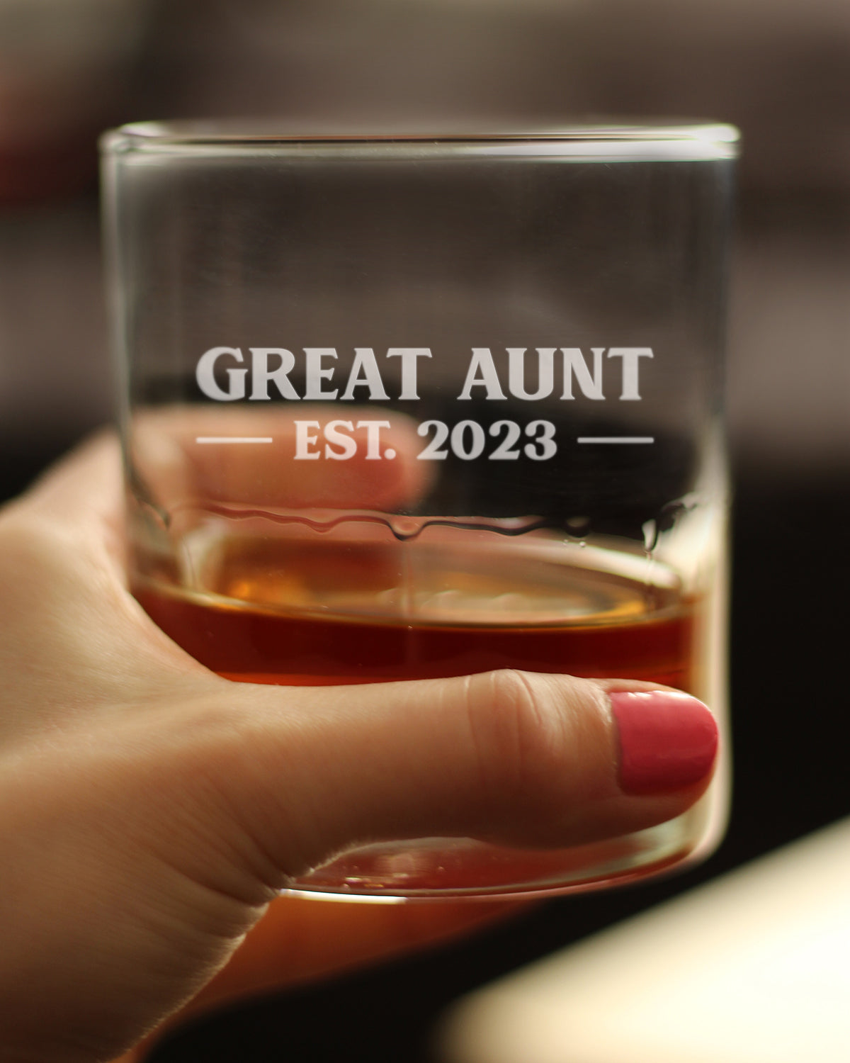 Great Aunt Est. 2023 - Bold - 10 oz Rocks Glass or Old Fashioned Glass, Etched Sayings, Gift & Baby Reveal