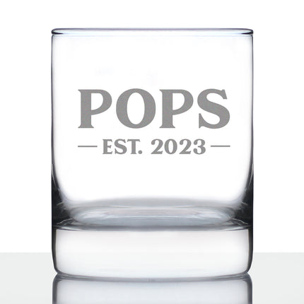 Pops Est. 2023 - Bold - 10 oz Rocks Glass or Old Fashioned Glass, Etched Sayings, Cute and Fun Reveal Gift for Grandparents