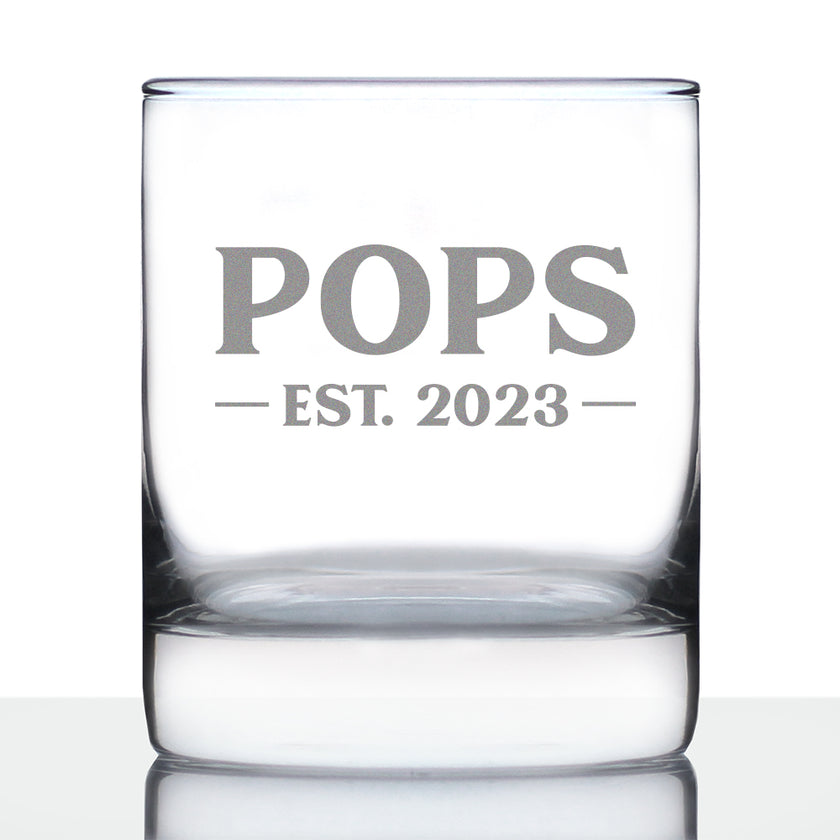 Pops Est. 2023 - Bold - 10 oz Rocks Glass or Old Fashioned Glass, Etched Sayings, Cute and Fun Reveal Gift for Grandparents