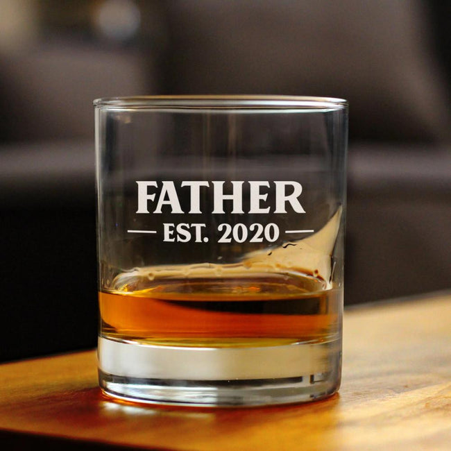 Father Est 2020 - New Dad Whiskey Rocks Glass Gift for First Time Daddy - Bold Engraved Whisky Drinking Glasses