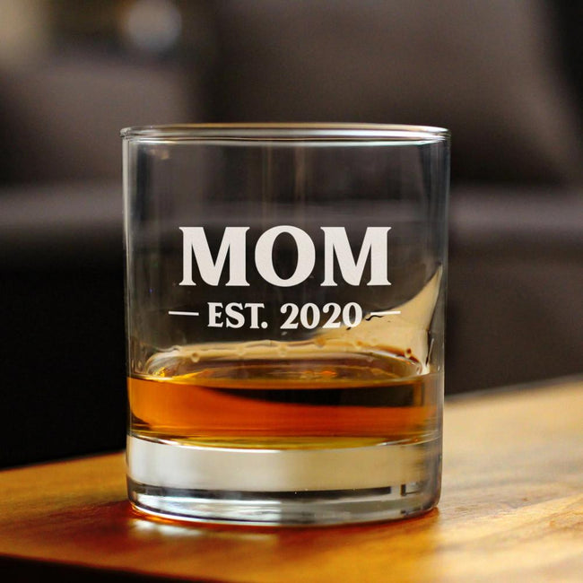 Mom Est 2020 - New Mother Whiskey Rocks Glass Gift for First Time Parents - Bold 10.25 Oz Glasses
