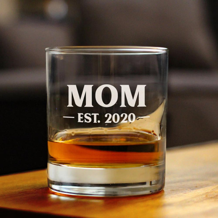 Mom Est 2020 - New Mother Whiskey Rocks Glass Gift for First Time Parents - Bold 10.25 Oz Glasses