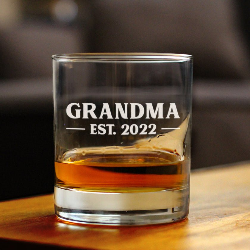 Grandma Est 2022 - New Grandmother Whiskey Rocks Glass Gift for First Time Grandparents - Bold 10.25 Oz Glasses