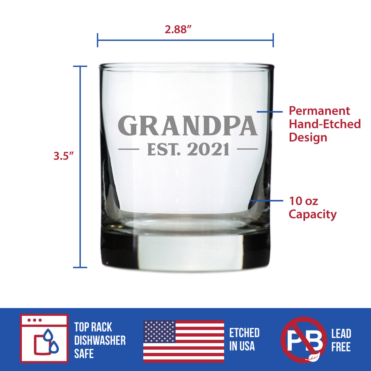 Grandpa Est 2021 - New Grandfather Whiskey Rocks Glass Gift for First Time Grandparents - Bold 10.25 Oz Glasses