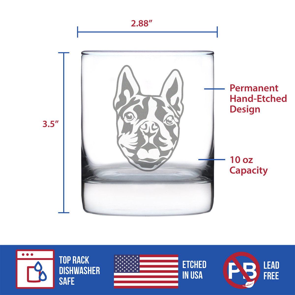 Boston Terrier Face Whiskey Rocks Glass - Unique Dog Themed Decor and Gifts for Moms &amp; Dads of Boston Terriers - 10.25 Oz