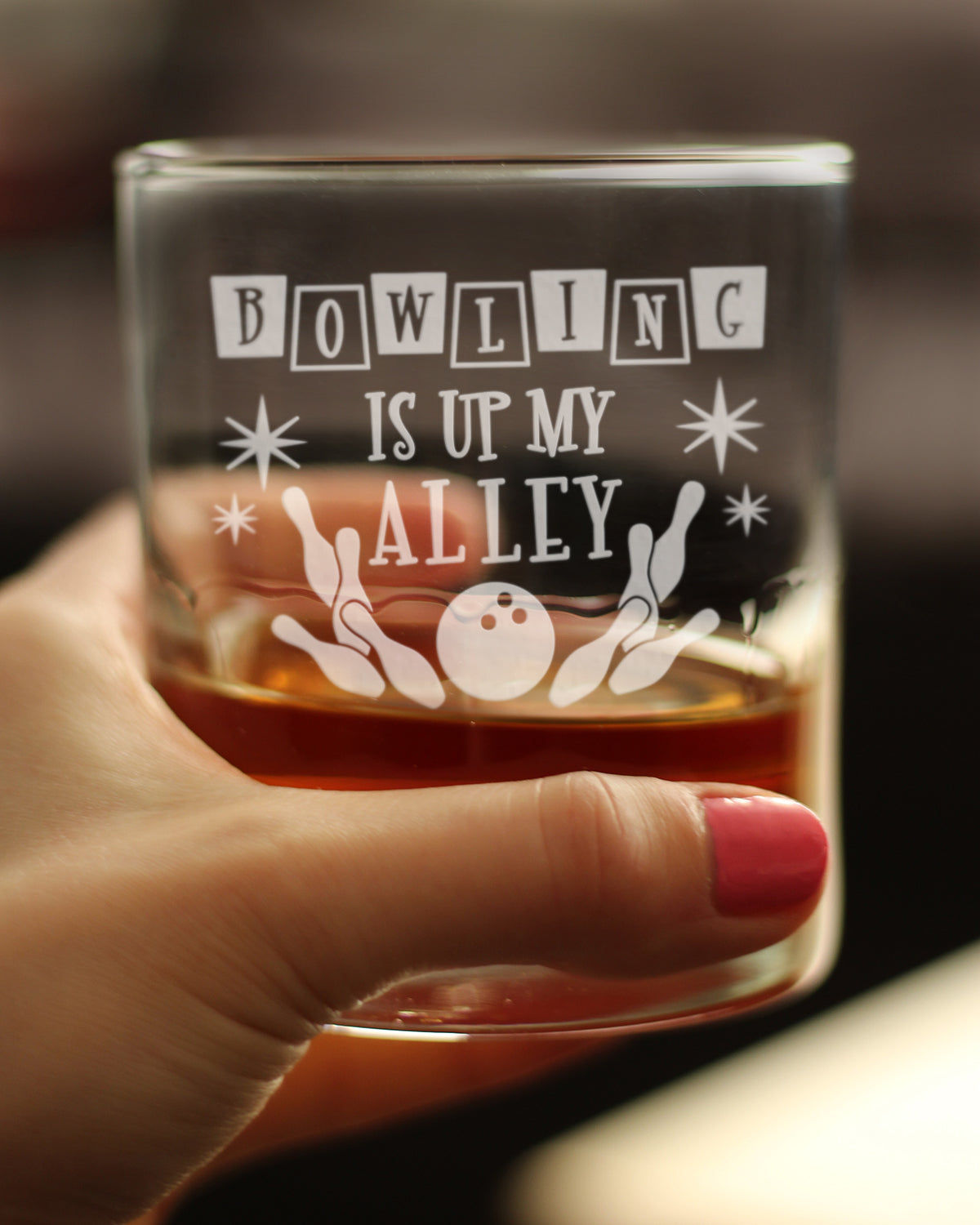 Bowling Alley Is Up My Alley - Whiskey Rocks Glass - Funny Bowling Themed Gifts and Decor for Bowlers - 10.25 Oz Glass