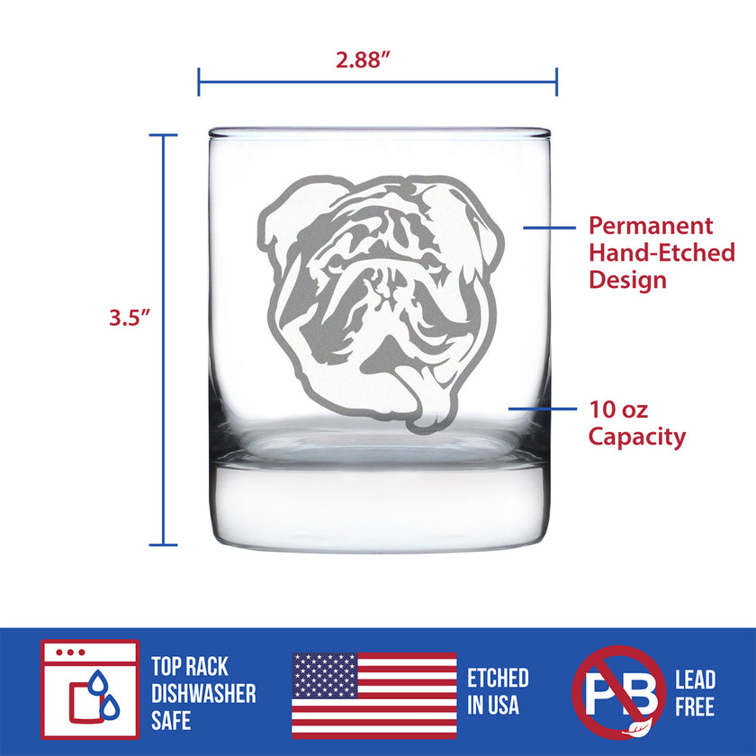 English Bulldog - Funny Whiskey Rocks Glass Gifts for Men & Women with Bulldogs - Fun Whisky Drinking Tumbler Décor