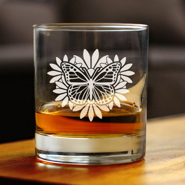 Monarch Butterfly Whiskey Rocks Glass - Floral Decor and Outdoorsy Gifts for Gardeners - 10.25 Oz Glasses