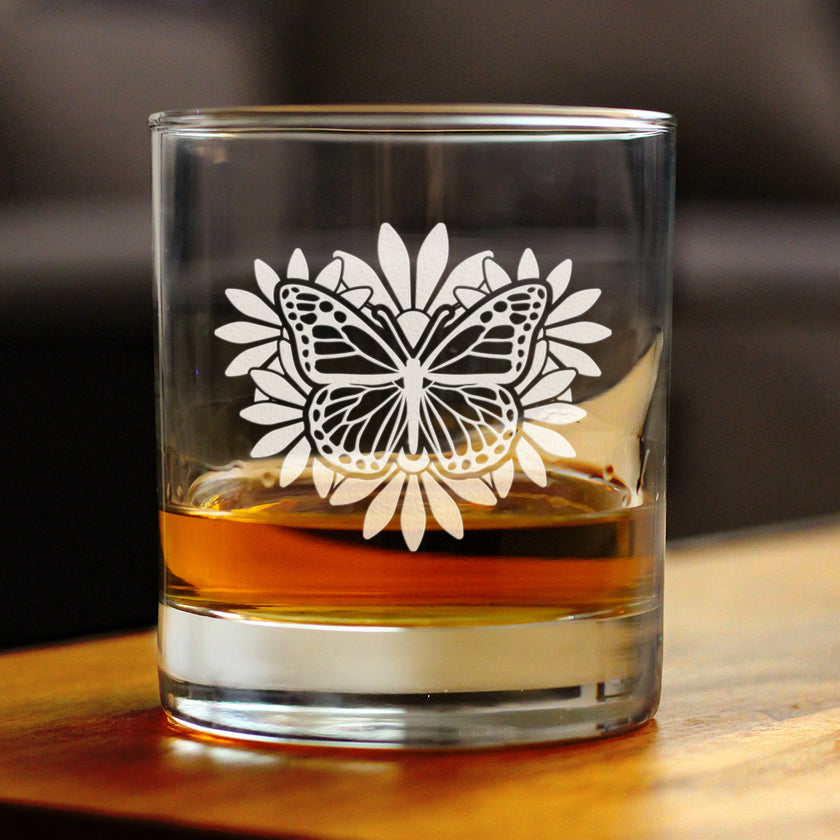 Monarch Butterfly Whiskey Rocks Glass - Floral Decor and Outdoorsy Gifts for Gardeners - 10.25 Oz Glasses