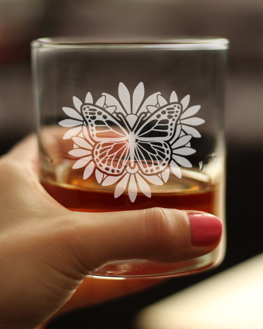 Monarch Butterfly Whiskey Rocks Glass - Floral Decor and Outdoorsy Gifts for Gardeners - 10.25 Oz Glasses