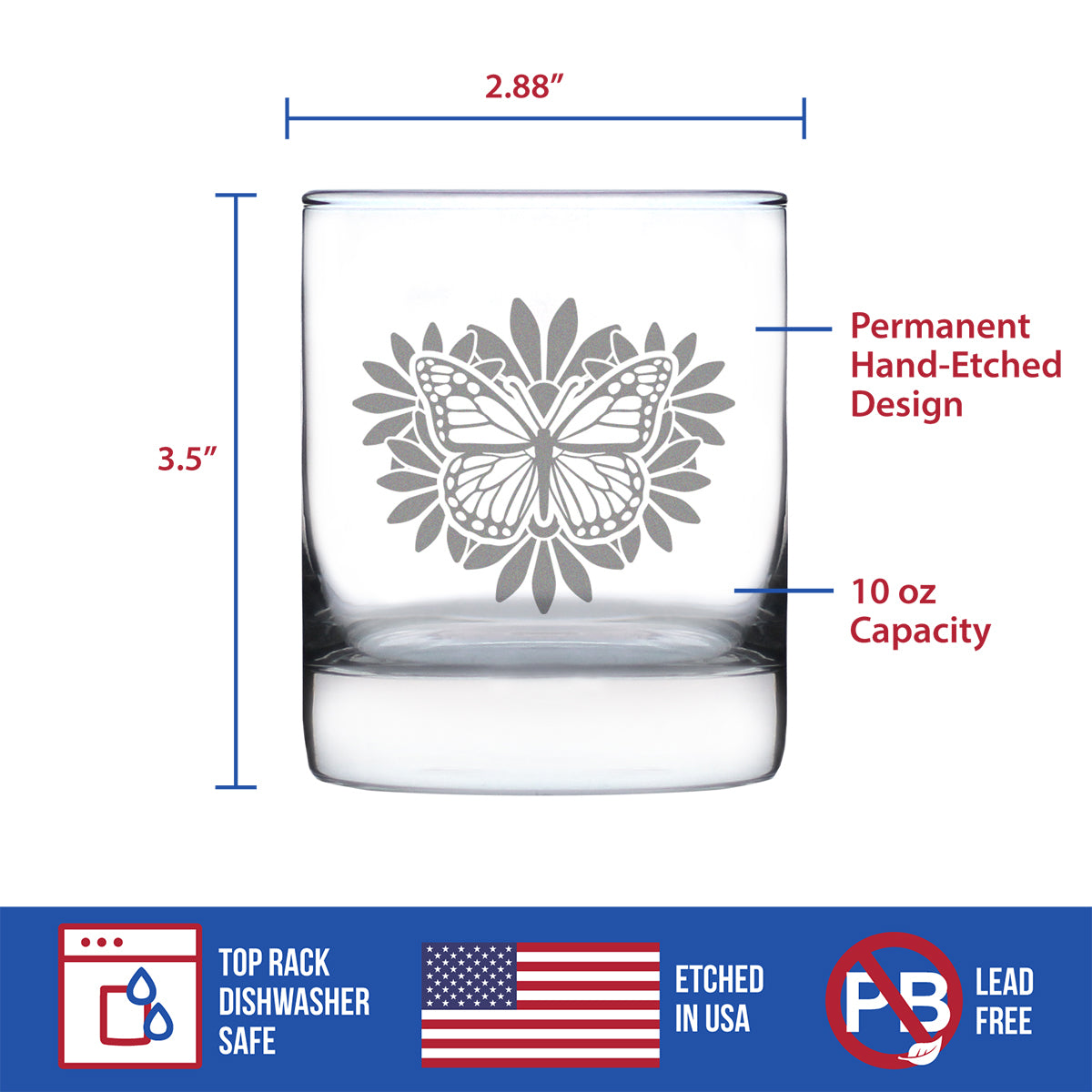 Monarch Butterfly Whiskey Rocks Glass - Floral Decor and Outdoorsy Gifts for Gardeners - 10.25 Oz Glasses