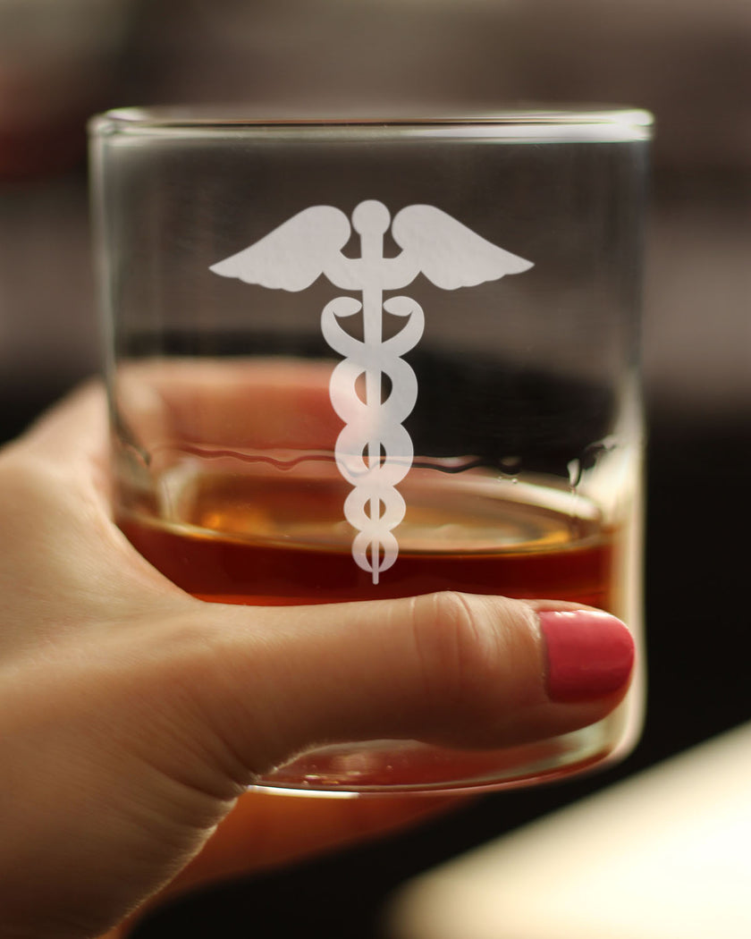 Caduceus Medical Symbol - Whiskey Rocks Glass for Essential Healthcare Workers, Doctors, Nurses, Medical Staff - 10.25 Oz