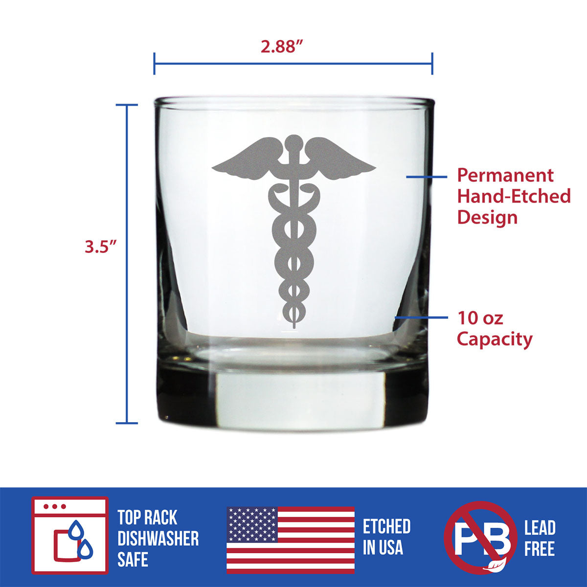 Caduceus Medical Symbol - Whiskey Rocks Glass for Essential Healthcare Workers, Doctors, Nurses, Medical Staff - 10.25 Oz