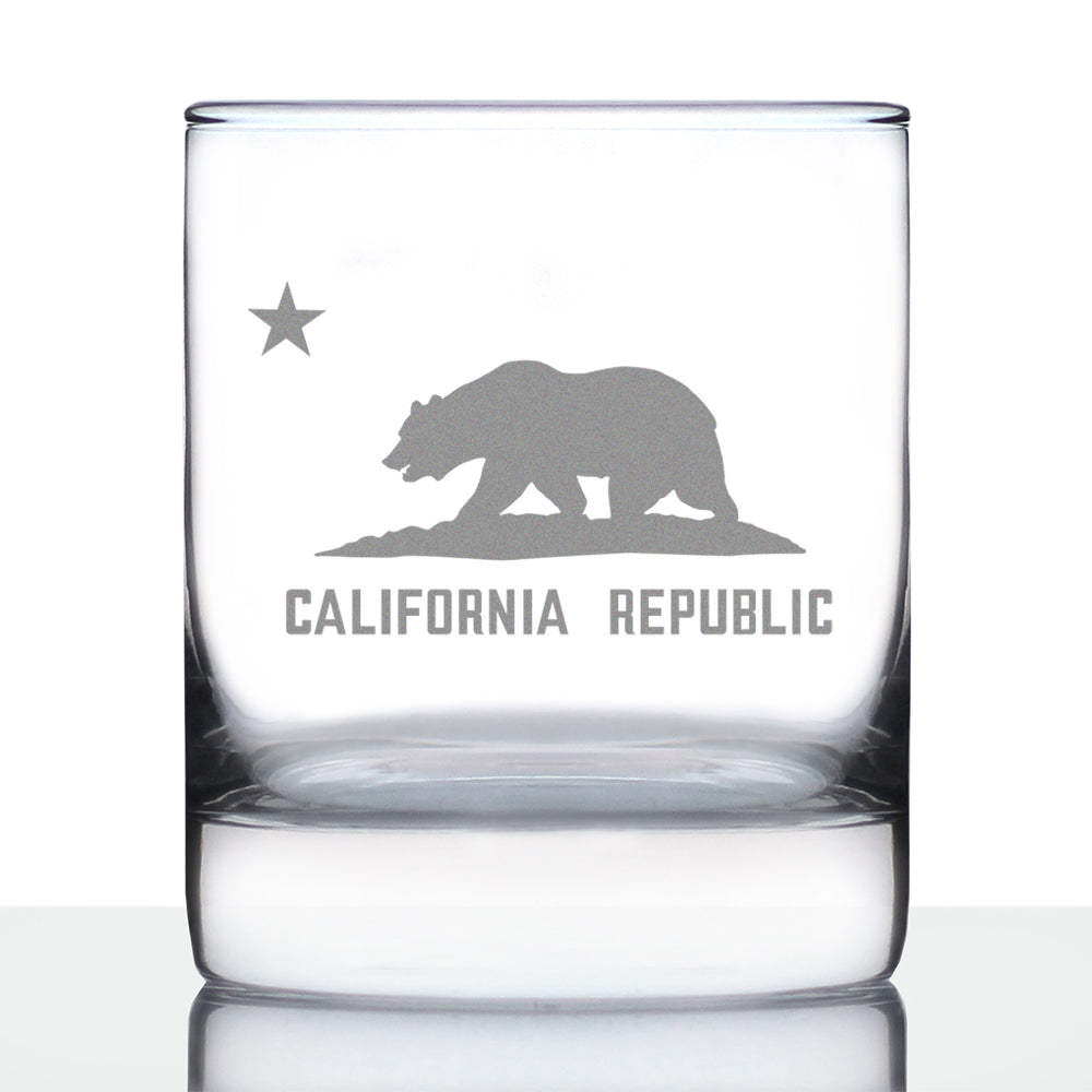 California Flag Whiskey Rocks Glass - State Themed Drinking Decor and Gifts for Californian Women &amp; Men - 10.25 Oz Whisky Tumbler Glasses