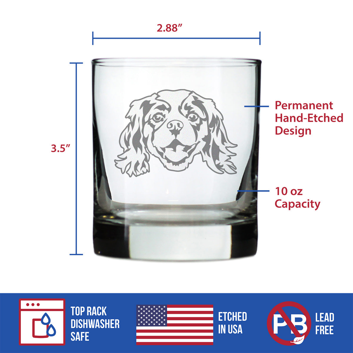 Cavalier King Charles Spaniel Face Whiskey Rocks Glass - Unique Dog Themed Decor and Gifts for Moms &amp; Dads of Cavaliers - 10.25 Oz