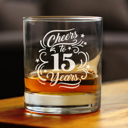 Cheers to 15 Years - Whiskey Rocks Glass Gifts for Women & Men - 15th Anniversary Party Decor - 10.25 Oz Glasses