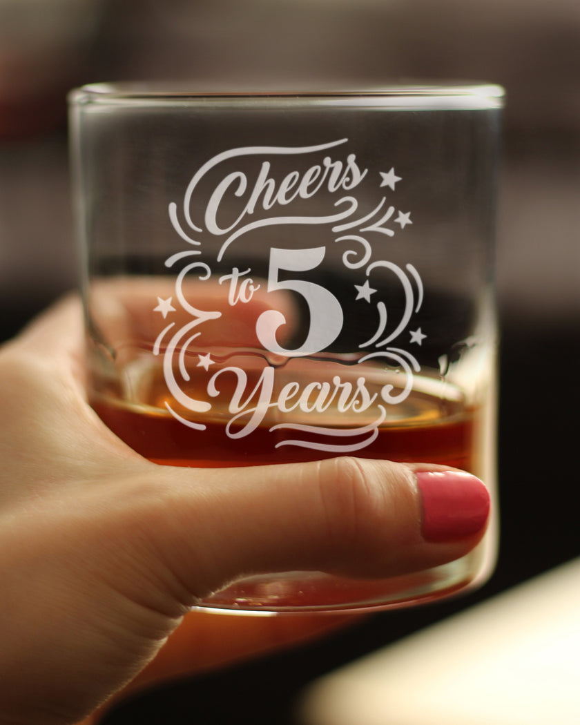 Cheers to 5 Years - Whiskey Rocks Glass Gifts for Women & Men - 5th Anniversary Party Decor - 10.25 Oz Glasses